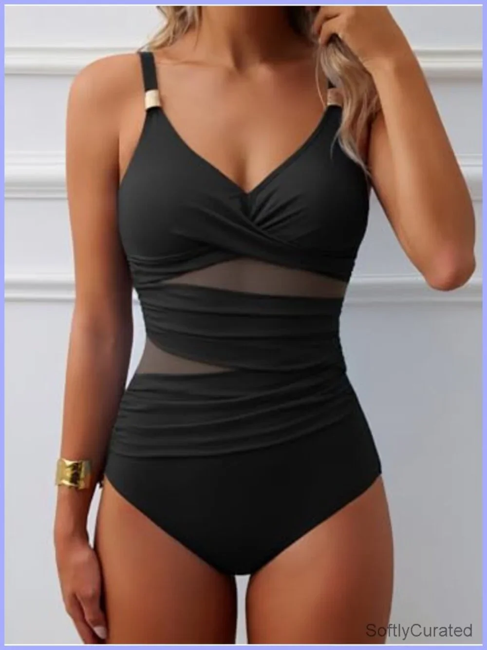 Mesh One Piece Swimsuit with V-Neck Push Up and Tummy Control